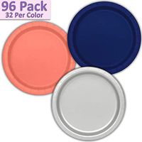 96 Paper Dinner Plates (9") - Navy Blue, Coral, Silver - 32 Per Color, 3 Colors - Great Assortment for Birthday Parties, Weddings, Holidays, Baby Shower, Celebrations, and more
