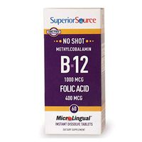 Superior Source No Shot Vitamin B12 and Folic Acid Instant Dissolve Tablets - Methylcobalamin 1000 mcg Folic Acid 400 mcg - Active B12 Sublingual 100 Count