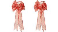 2 Valentine Red Glitter Wired Satin Bows with White Heart Design! 9.85x22.83IN