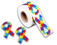 250 Asperger's Ribbon Stickers - Ribbon Shaped Puzzle Piece filled Stickers for Asperger's & Autism Awareness (1 Roll - 250 Stickers)