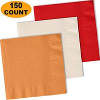 150 Lunch Napkins, Autumn Orange, Ivory, Red - 50 Each Color. 2 Ply Paper Dinner Napkins. 6.5" folded, 13.5" unfolded.