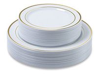 Disposable Plastic Plates - 240 Pack - 120 x 10.25" Dinner and 120 x 7.5" Salad Combo - Gold Trim Real China Design - Premium Heavy Duty - By Aya's Cutlery Kingdom