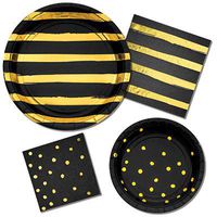 Olive Occasions Black and Gold Disposable Party Supplies 16 Dinner Plates, 16 Dessert Plates, 16 Lunch Napkins, 16 Beverage Napkins