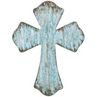 Rustic Turquoise Metal Wall Cross with Embossed Swirls