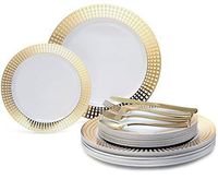 " OCCASIONS" 150pcs set (25 Guests)-Wedding Plastic Plates & cutlery -Disposable Dinnerware 10.25'', 7.5'' + Silverware w/double fork (Princess White & Gold)