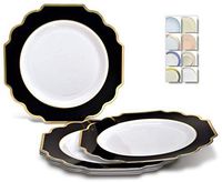 " OCCASIONS" 60 Plates Pack, Heavyweight Disposable Wedding Party Plastic Plates (8'' Dinner Plate, Imperial in White/Black & Gold)