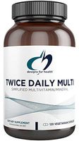 Designs for Health Twice Daily Multi - Iron-Free Adult Multivitamin Supplement with Active Folate Quatrefolic+ Chelated Minerals - Vitamins A, B6, C, D, E, and K, Riboflavin, Thiamin (120 Capsules)