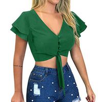 Sunhusing Ladies Deep V-Neck Sexy Navel Tops Solid Color Double Layer Ruffled Short Sleeve Short Crop Shirt(Green,L)