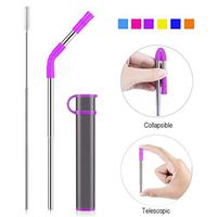 Reusable Collapsible Straw, Portable Stainless Steel Drinking Straw with Case, Straw Tip and Cleaning Brush for Travel, Party, Outdoor and Home Use (Grey Case Purple Tip)