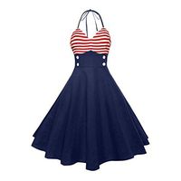 Fanteecy Womens Vintage American Flag Sleeveless V Neck Flare Evening Party Prom Swing Midi Dress (L, Navy)