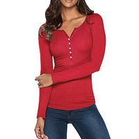 EAZsyn8 Women's Pullover, Solid Henley Long Sleeve T- Shirts V-Neck Button Slim fit Bottoming Shirt Top Red