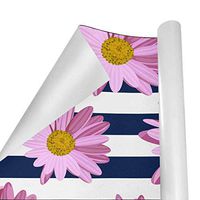 Gift Wrapping Paper Roll Pink Daisies Blue Striped for Birthday,Holiday,Wedding,Baby Shower Gift Wrap - 3Rolls - 58inch x 23inch Per Roll