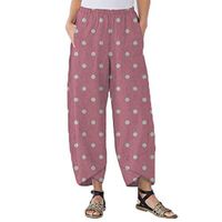Women's Linen Ankle Pants Capris Cropped Tapered Trousers with Pockets Petra Wide Leg Pant Yoga Palazzo Casual Pants (XXXXXL, Pink)