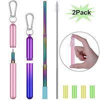 Collapsible Reusable Straws Stainless Steel, Telescopic Metal Straws Drinking Straw with Portable Travel Case, Keychain, Cleaning Brush, Silicone Tips, 2 Pack (Rosegold & Purpleblue)