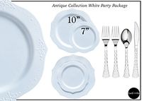 Royalty Settings Antique Collection Premium Plastic Plates for Weddings for 40 Persons, Includes 40 Dinner Plates, 40 Salad Plates, 80 Forks, 40 Spoons, 40 Knives, White