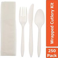 Disposable Plastic Cutlery Set 250-Pack Individually Wrapped Utensil Kit – Silverware Set Includes: Fork, Knife, Tea Spoon, Napkin – Perfect M/W Flatware Set for Events, Lunches, Restaurants, Picnics