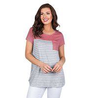 Xia&Han Women's Striped Shirt O Neck Vest Blouse Pocket Short Sleeve Tops Casual Loose Tunic Red