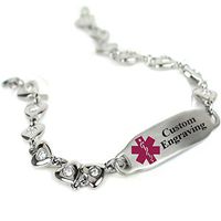 My Identity Doctor Custom Engraved Medical Bracelet 316L Stainless Steel Hearts, Round 2mm Cubic Zirconia - Wrist Size 8.75 Inch