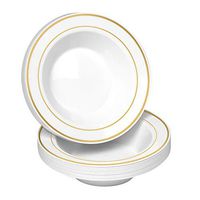 50 Disposable White Gold Trim Plastic Soup Bowls | 14 oz. Premium Heavy Duty Disposable Dinnerware with Real China Design | Safe & Reusable and Great for Parties or Weddings. (50-Pack) Gold
