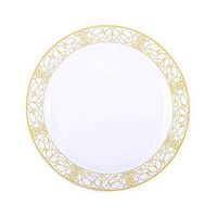 BalsaCircle 30 pcs 10-Inch White with Gold Lace Trim Plastic Round Plates - Disposable Wedding Party Catering Tableware