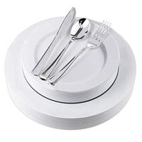 Disposable Plates with Cutlery - 125 Piece White Plastic Party Plates and Silverware for Weddings, Party, Baby Shower, Birthday, Holiday - Service for 25 Guests Disposable Dinnerware (White)