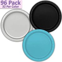 96 Paper Dinner Plates (9") - Black, Silver, Aqua - 32 Per Color, 3 Colors - Great Assortment for Birthday Parties, Weddings, Holidays, Baby Shower, Celebrations, and more