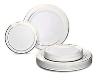 " OCCASIONS" 120 plates Pack 60 Guest Wedding Party Disposable Plastic Plates Set - 60 x 9'' Luncheon + 60 x 6.25'' Dessert plates - (White w/Gold Rim)