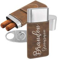 Personalized Name Engraved Leatherette Cigar Case with Cutter (Rustic Brown w/Silver)