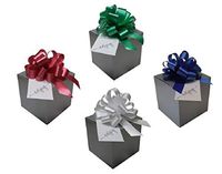 Glossy 4x4x4" Tuck Top Boxes, Satin 4" Pull Bows with Hang Tags | 12 Sets (Silver-Multi 4x4)