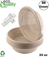 50 Count - 24oz Round Disposable Bowls with Lids and Cutlery - Natural Sugarcane Bagasse Bamboo Fibers Sturdy Compostable Eco Friendly Environmental Paper Plastic Bowl Alternative - Fork,Spoon,Knife