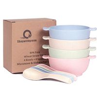 Shopwithgreen Unbreakable Kids Bowls -Microwave Dishwasher Safe- Wheat Straw Snack Bowl Sets for Kids/Toddler/Children/Baby Feeding - 4 Bowls and 4 Spoons, Lightweight and Durable