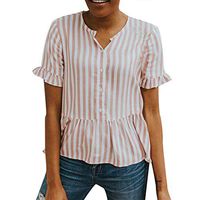 Boho Tops for Women, Long Tank Tops for Women,Fashion Women Short Flare Sleeve Striped Print Buttons Ruffles Hem Top T-Shirt Yellow