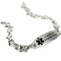 My Identity Doctor Custom Engraved Medical Bracelet 316L Stainless Steel Hearts, Round 2mm Cubic Zirconia - Wrist Size 7.5 Inch