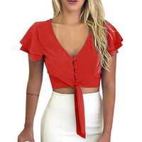 Sunhusing Ladies Deep V-Neck Sexy Navel Tops Solid Color Double Layer Ruffled Short Sleeve Short Crop Shirt(Red,XL)