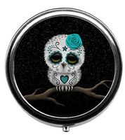 Qien BaiSei Cute Teal Blue Day of The Dead Sugar Skull Owl Pill Box/Pill Case-Round Pill Box/Case- Three-Compartment Pill Box/Pill Case