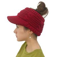 Theoylos Womens Warm Knit Hat Ponytail Crochet Newsboy Caps Ladies Casual Beanie Hat Winter Ski Skull Caps Hat Red