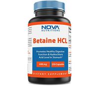 Nova Nutritions Betaine HCL with Pepsin Digestive Enzyme 648 mg 250 Capsules - Tested For Quality and Safety, Gluten Free and Non-GMO