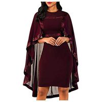 Sunhusing Ladies Elegant Solid Color Round Neck Patchwork Long Sleeve Lace Tulle Splicing Shawl Slim Dress(Wine,5XL)