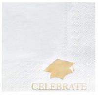 Blue Panda Cocktail Napkins - 50-Pack Celebrate Graduation Disposable Paper Napkins, 3-Ply, Graduation Party Decoration Supplies, Grad Cap Print and Gold Foil Text, Folded 5 x 5 Inches