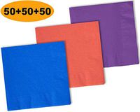 150 Beverage Napkins, Cobalt Blue, Coral, Amethyst - 50 Each Color. 2 Ply Paper Cocktail Napkins. 5" folded, 10" unfolded.