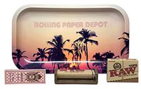 Abadie Rolling Paper 1 1/4, RAW Pre Rolled Tips, RAW 79mm Roller, with Rolling Paper Depot Rolling Tray (Retro Palms) - 4 Item Bundle