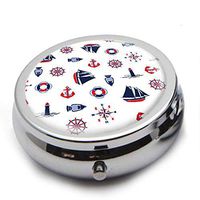 Round Stainless Steel Pill Box Case - Ship and Lighthouse Drawing Pattern- Pocket 2 inches Medicine Tablet Holder Organizer Case for Purse - Compact 3 Compartment