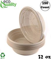 150 Count - EcoQuality 32oz Round Disposable Bowls with Lids Natural Sugarcane Bagasse Bamboo Fibers Sturdy Compostable Eco Friendly Environmental Paper Plastic Bowl Alternative Tree Free