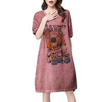 Vintage Summer Casual Cute Women Short Sleeve Knee Length Loose Hem Dress Red