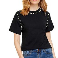 general3 Fashion Women Summer Solid Short Sleeve O-Neck Shirts Beaded Tops T-Shirt Casual Slim Tunic Blouse(Black,Small)