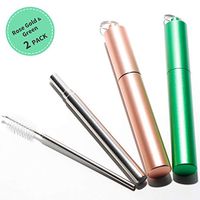 2 Pack Reusable Metal Straws Collapsible Stainless Steel Drinking Straw Keychain Folding Portable Telescopic Straw with Case and Cleaning Brush （Green/Rose Gold）