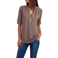Meikosks Ladies Zipper Chiffon Shirt Long Sleeves Loose Tops Plus Size Solid Color Blouses Coffee