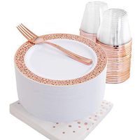 NERVURE 50PCS Rose Gold Small Plastic Plates7.5" and 50PCS Forks and 50PCS Cups 9OZ and 50PCS Napkins Set, Wedding Party Plates,Fancy Salad Plates and Appetizer Plates for all Holiday(Rose Gold)