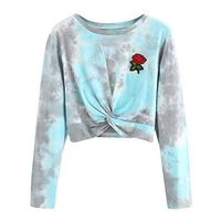 FRCOLT Autumn Women Rose Embroidered Patch Aquarelle Twist Sweatshirt Tops Pullover (S, Blue)