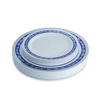Blue and Silver Plastic Plates Set, Royal Collection White Silver Blue Plastic Plates Includes 40 10.25'' Dinner Plates / 40 7.25'' Salad Plates Fancy Disposable Dinnerware - Posh Setting